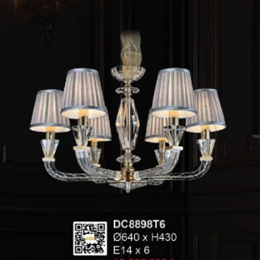 35 - DC8898T6: Đèn chùm  6 tay, chao dù vải - KT: Ø640mm x H430mm - Bóng đèn E14 x 6 bóng