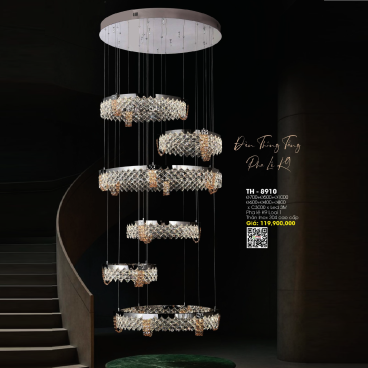 TH - 8910: Đèn thả 6 vòng LED Phale K9 cao cấp - KT: Ø(700+500+1000+600+400+800)mm x H3000mm - Đèn LED đổi 3 màu
