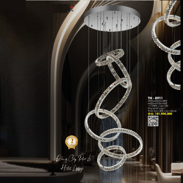 TH - 8911: Đèn thả 6 vòng LED Phale K9 cao cấp - KT: Ø(500+600+800+600+700+500)mm x H2800mm - Đèn LED đổi 3 màu