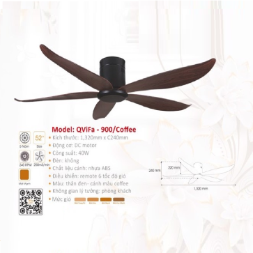 QViFa  - 900/Coffee:  Quạt trần  5 cánh Nhựa gắn sát trần màu Coffee