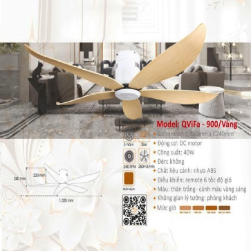 QViFa - 900/Vàng: Quạt gắn sát trần màu Vàng 5 cánh nhựa
