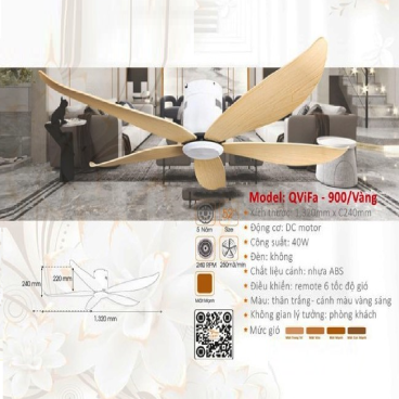 QViFa - 900/Vàng: Quạt gắn sát trần màu Vàng 5 cánh nhựa