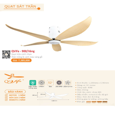 QViFa - 900/Vàng: Quạt  gắn sát trần 5 cánh nhựa
