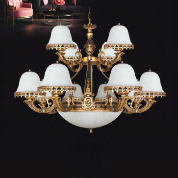 NC 9019/12B: Đèn chùm 12 tay, chao thủy tinh - KT: Ø800mm x H800mm + 400mm - Bóng đèn E27 x 15 bóng