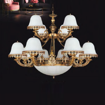 NC 9019/12B: Đèn chùm 12 tay, chao thủy tinh - KT: Ø800mm x H800mm + 400mm - Bóng đèn E27 x 15 bóng