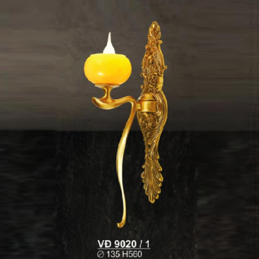 SN - VĐ 9020/1: Đèn vách đồng chao đá - KT: Ø135mm x H580mm - Đèn chân E14 x 1 bóng