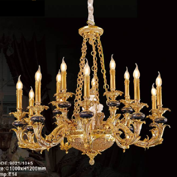 CODE: 9021-10+5:  Đèn chùm đồng 15 tay, đá đen - KT: Ø 1000mm x H 1200mm - Bóng đèn chân E 14 x 15 bóng