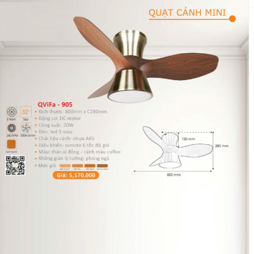 QViFa - 905: Quạt trần đèn 3 cánh nhựa mini