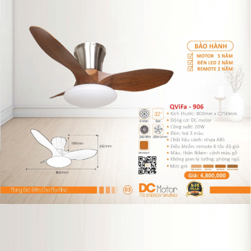 QViFa - 906: Quạt trần đèn 3 cánh nhựa mini