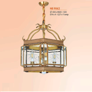 NB 9062: Đèn thả đồng - KT: Ø400mm x H500mm + 500mm - Bóng đèn E14 x4 + E27 x 1