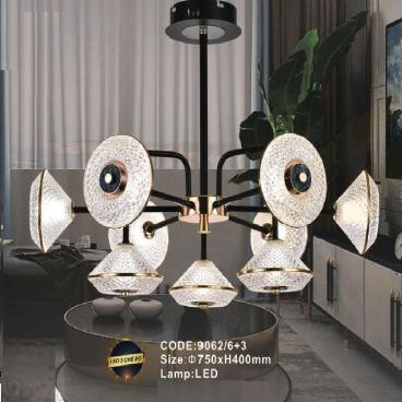 CODE: 9062/6+3: Đèn chùm LED 9 tay - KT: Ø750mm x H400mm - Đèn LED đổi 3 màu