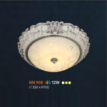 NM 908 LED: Đèn ốp trần LED chao thủy tinh - KT: Ø350mm x H100mm - Đèn LED 12W đổi 3 màu