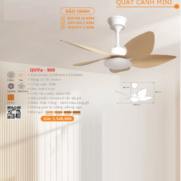 QViFa - 909: Quạt trần đèn 5 cánh nhựa mini