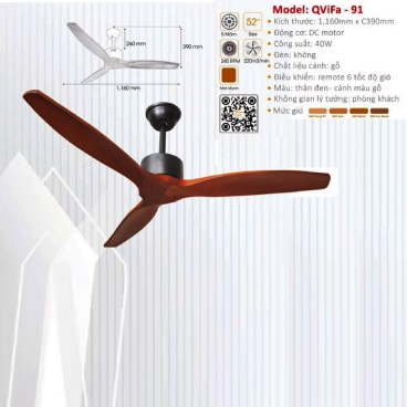 QViFa - 91: Quạt trần 3 cánh gỗ tự nhiên