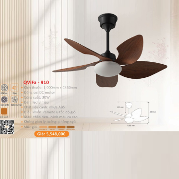 QViFa - 910: Quạt trần đèn 5 cánh nhựa mini