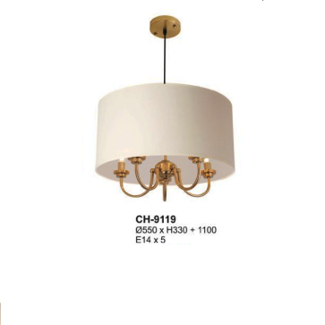 A - CH - 9119: Đèn thả  chao vải - KT: Ø550mm x H330mm +1100mm - Bóng đèn E14 x 5 bóng