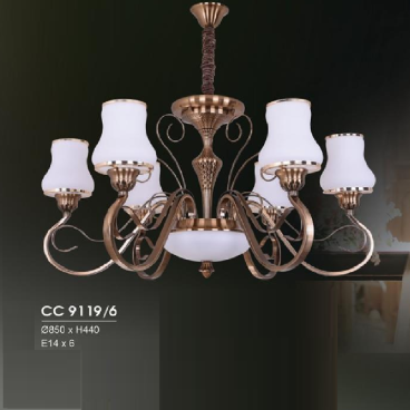 HF - CC 9119/6: Đèn chùm 6 tay - KT: Ø850mm x H440mm - Bóng đèn E27 x 6 bóng , đèn LED chao đáy