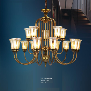 HF - CC 9121/15: Đèn chùm 15 tay -  KT: Ø1120mm x H760mm - Bóng đèn chân E27 x 15 bóng