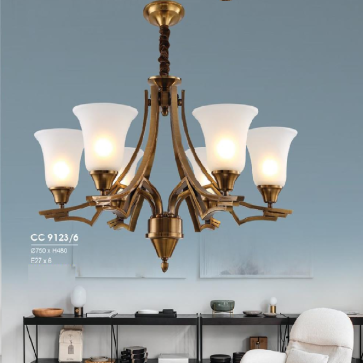 HF - CC 9123/6: Đèn chùm 6 tay, chao thủy tinh - KT: Ø750mm x H480mm - Bóng đèn E27 x 6 bóng