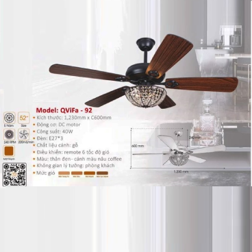 QViFa - 92: Quạt trần đèn 5 cánh gỗ công nghiệp