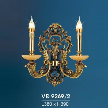 HF - VĐ 9269/2: Đèn vách đồng đôi, chén đá - KT: L380mm x H390mm - Đèn chân E14 x 2 bóng