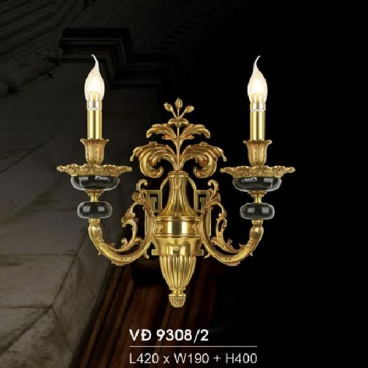 HF - VĐ 9308/2: Đèn vách đồng đôi, bóng nến - KT: L420mm x W190mm x H400mm - Đèn chân E14 x 2 bóng