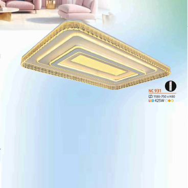 NC 931: Đèn áp trần LED chữ nhật - KT: L1000mm x W750mm x H80mm - Đèn LED 425W ánh sáng đổi 3 màu