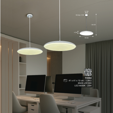 THD94: Đèn thả đơn LED - KT: Ø400mm x H1300mm - Đèn LED 23W ánh sáng trắng