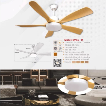QViFa - 95: Quạt trần đèn LED  5 cánh Nhựa