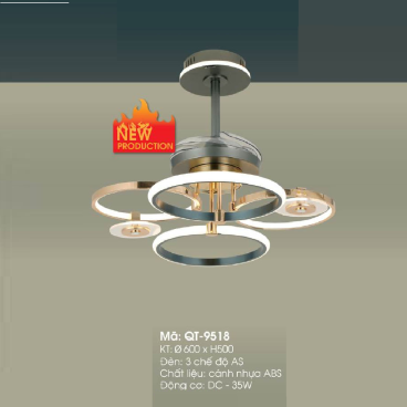 QT- 9518: Quạt trần đèn - KT: Ø600mm x H500mm - Đèn LED 3 chế độ ánh sáng