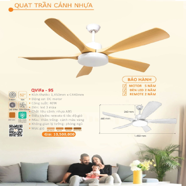 QViFa - 95: Quạt trần đèn 5 cánh nhựa ABS