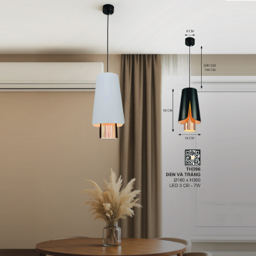 THD96: Đèn thả đơn LED - KT: Ø160mm x H300mm - Đèn LED 7W đổi 3 màu