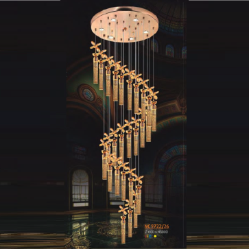 NC 9722/26: Đèn thả thông tầng thanh thủy tinh - KT: Ø600mm x H3000mm - Đèn LED ánh sáng vàng