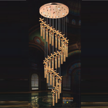 NC 9722/26: Đèn thả thông tầng thanh thủy tinh - KT: Ø600mm x H3000mm - Đèn LED ánh sáng vàng