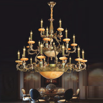 NC 988/12+8+4: Đèn chùm đồng, chao đá 24 tay - KT: Ø1150mm x H1100mm +600mm - Bóng đèn E14 x 24 bóng +E27 x 6 bóng