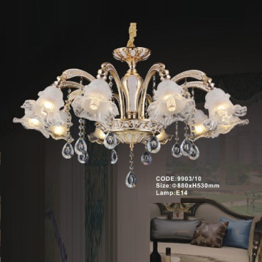 CODE: 9903/10: Đèn chùm 10 tay chao thủy tinh - KT: Ø880mm x H530mm - Bóng đèn E14 x 10 bóng