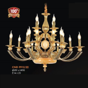 VER - CNĐ 9912/20: Chùm đồng nến 20 tay, chao đá - KT: Ø950mm x H 650mm - Đèn chân E14 x 20 bóng