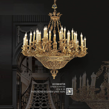 DCD9918T35: Đèn chùm đồng nến 35 tay - KT: Ø1500mm x H1100mm - Bóng đèn nến E14 x 35 bóng