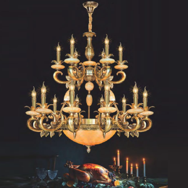 NC 9922/12+6: Đèn chùm đồng, chao đá 18 tay - KT: Ø950mm x H950mm + 500mm - Bóng đèn nến E14 x 18 bóng +E27 x 3 bóng