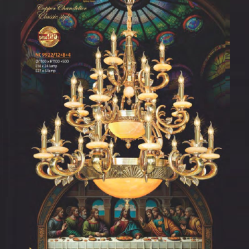 NC 9922/12+8+4: Đèn chùm đồng, chao đá 24 tay - KT: Ø1100mm x H1100mm +500mm - Bóng đèn nến E14 x 24 bóng + E27 x 6 bóng