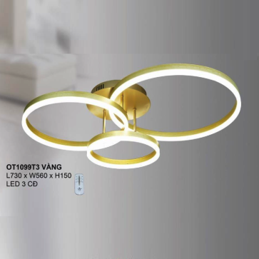 OT1099T3 vàng - Đèn áp trần 3 vòng LED, thân màu vàng - KT: L730mm x W560mm x H150mm - Đèn LED đổi 3 màu - Remote