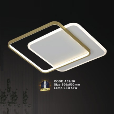 CODE: A32/50: Đèn áp trần LED vuông - KT: L500mm x W500mm - Đèn LED 57W ánh sáng đổi 3 màu