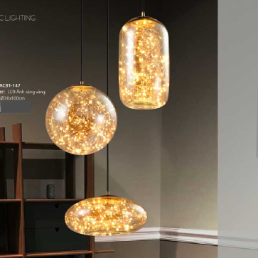 AC31 - 147: Đèn thả 3, chao thủy tinh - KT: Ø300mm x H1000mm - Đèn LED ánh sáng vàng