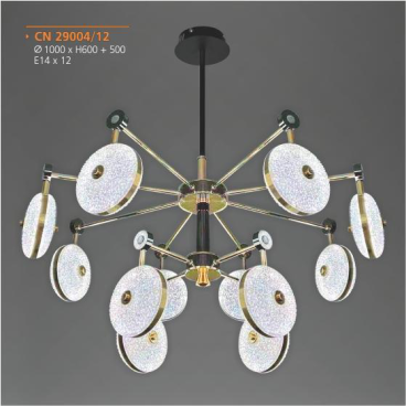 AD - CN 29004/12: Đèn chùm 12 tay - KT: Ø1000mm x H600mm+500mm - Đèn chân E14 x 16 bóng ( tính riêng)