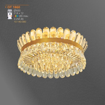 AD - OT 1860: Đèn áp trần phale - KT: Ø600mm - Đèn E14 x 12 bóng LED đổi 3 màu - Remote