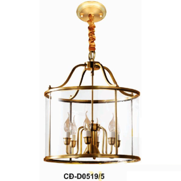 AN - CĐ - D0519/5: Đèn thả đồng - KT: Ø380mm x H520mm - Đèn chân E14 x 4 bóng + E27 x 1 bóng