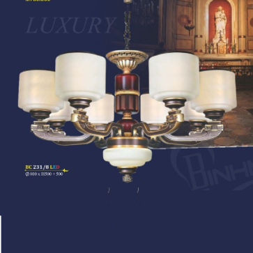 BM - BC 231/8 LED: Đèn chùm 8 tay - KT: Ø800mm x H500mm + 500mm - Bóng đèn chân E27 x 8 bóng + Đèn LED