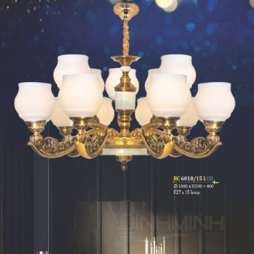 BM - BC 6010/15 LED: Đèn chùm 15 tay - KT: Ø1000mm x H500mm + 400mm - Bóng đèn chân E27 x 15 bóng + Đèn LED