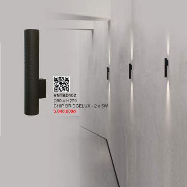 VNTBD102: Đèn gắn tường ngoài trời LED sáng 2 đầu - KT: D50mm x H270mm - Đèn LED 2 x 5W