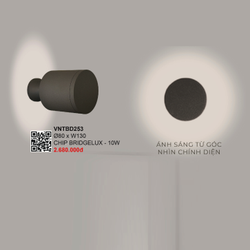 VNTBD253: Đèn gắn tường ngoài trời LED sáng 2 đầu - KT: Ø80mm x W130mm - Đèn LED10W
